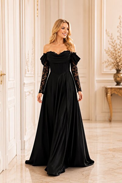 Rain and River Elegance lace sleeves fishtail cut evening dress