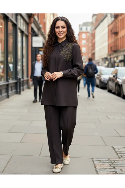 Nuss 1070 Stone Embroidered Shirt Suit - Brown