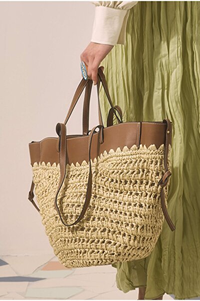 HE-QA Raffia Knitted Tote Bag Beige