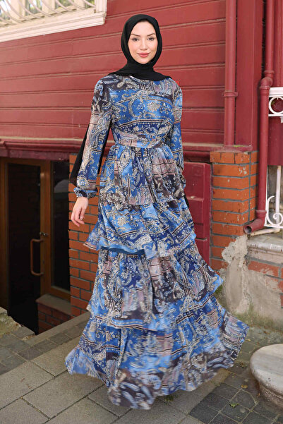 İmajButik Blue Layered Patterned Chiffon Dress
