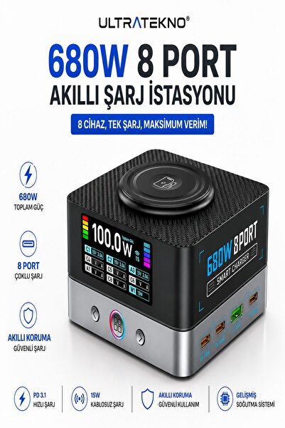 ULTRATEKNO 680W GaN Masaüstü Çoklu Şarj İstasyonu PD 3.1 USB-C Laptop Macbook...