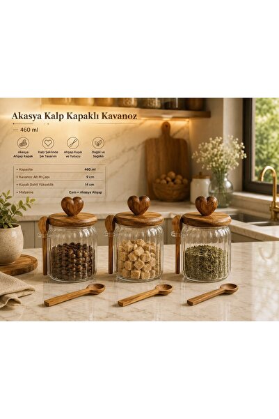 morponi 3-Piece Heart Vacuum Acacia Lid, Glass Jar with Spoon - Sugar Bowl, S...