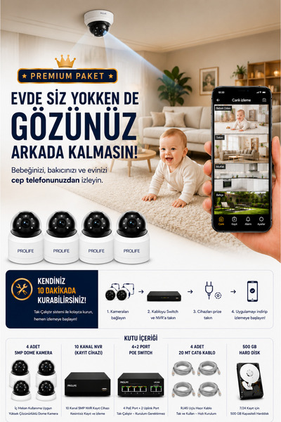 PROLİFE Bebek Bakıcı & Ofis İzleme Kamerası Seti Full HD İç Mekan Ses Kayıtlı...