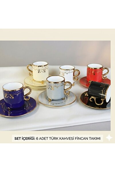 konak alışveriş Camille Ayaklı 6’lı Renkli Yaldızlı Kahve Fincanı