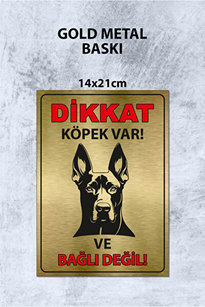 Grafiklas Dikkat Köpek Var Gold Metal Levha – (14x21 cm) Uyarı Tabelası Bahçe...