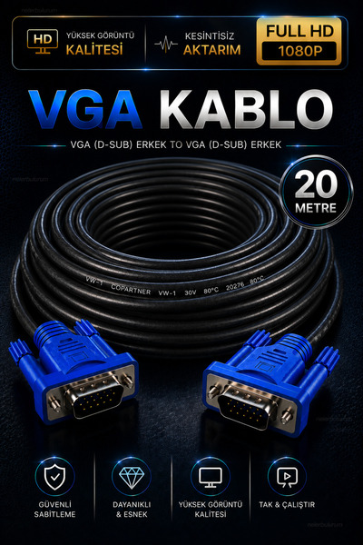 nelerbulurum Yüksek Kaliteli 20 Metre VGA Kablo 1.5 Metre Erkek Erkek Monitör...