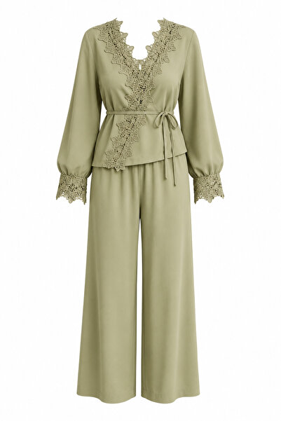 HAZELANNA Lace Shirt-Pants Light Khaki Two-Piece Set