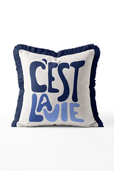IdeCraft C’Est La Vie Written Typography Fringed Throw Pillow Cover - Navy Bl...