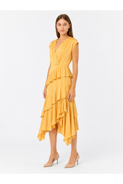 Shamouk Women's Yellow Layered Ruffle V-Neck Midi Dress