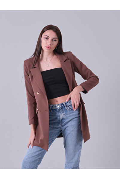 Feminist Astarlı Düğme Kapamalı Blazer Ceket Açık Kahverengi 0105123