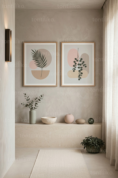 Tontilika Minimalist Doğa Botanik İki Parçalı 2'li Ahşap Çerçeveli Tablo Seti