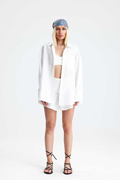 GACA COLLECTION Lapi̇s Shorts Skirt Shirt Linen White Set