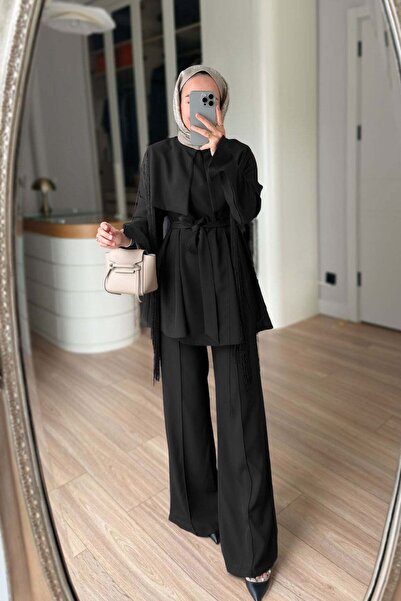 Ka Hijab Three-Piece Set with Fringe Detail Cape - Black