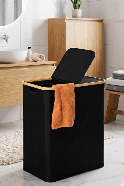 Porsima PBT-717 Bambu 2 Bölmeli Keten Banyo Kirli Çamaşır Sepeti Banyo Düzenl...