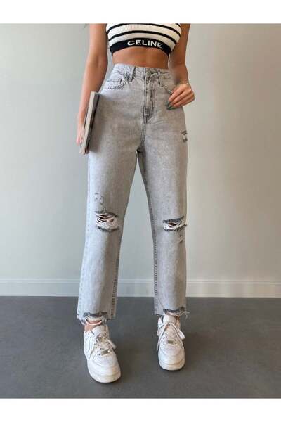 HerTon Women's Light Gray Washed Ripped Mom Fit Jean Pants