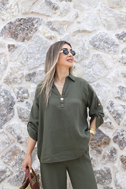 bytugcekaya Μπλούζα μονόκουμπη από μουσελίνα σε κανονικό μέγεθος χακί