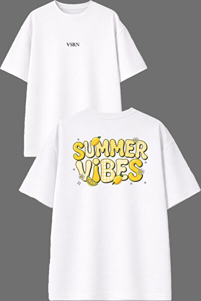 VSRN تي شيرت Summer Vıbes Design مطبوع من الأمام والخلف باللون الأبيض مقاس كبير