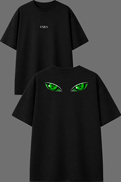 VSRN تي شيرت أسود كبير الحجم بتصميم Green Eyes مطبوع من الأمام والخلف