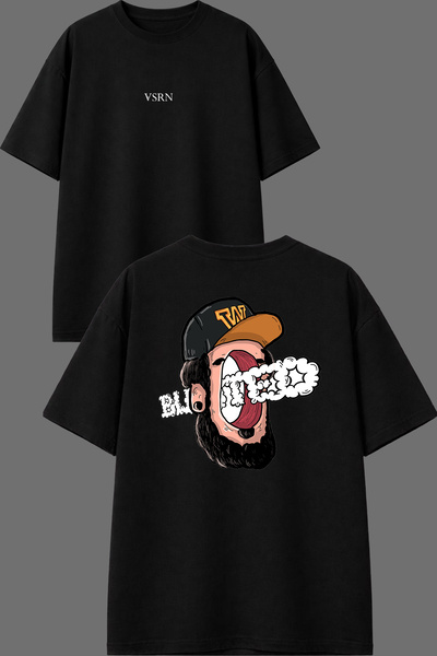VSRN Ear Hole Design Front and Back Printed Black Oversize T-Shirt