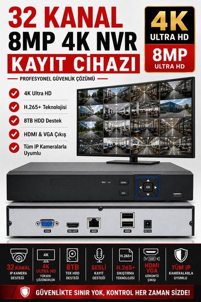 Naystek 32 Kanal 8MP 4K NVR Kayıt Cihazı - Tüm IP Kameralarla Uyumlu - Mobil ...