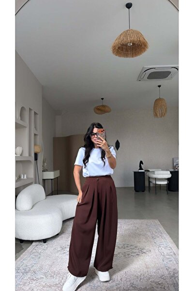 Buket Teke Pantaloni shalwar din crep maro cu talie și tiv elastic