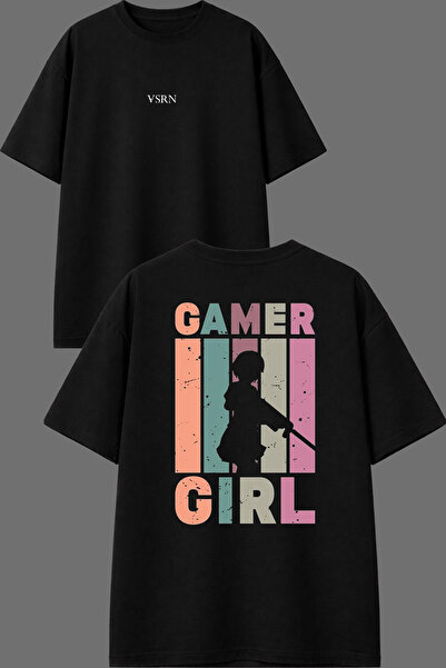 VSRN تي شيرت أسود كبير الحجم بتصميم Gamer Girl مطبوع من الأمام والخلف