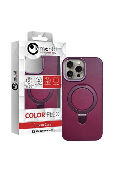 lemontti Husa Piele MagSafe cu inel stand iPhone 15 Pro Visiniu