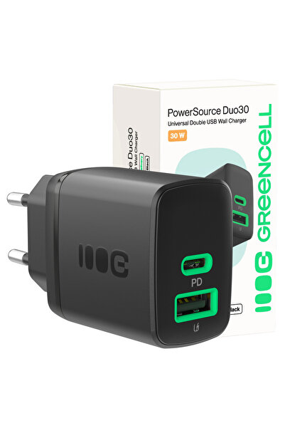 Greencell Adaptor de rețea 30W 1x USB-C 1x USB-A Negru