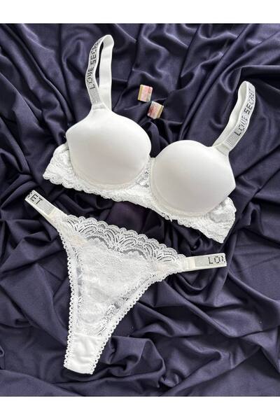 İNKO İÇ GİYİM Micro Lace Detailed Stoned Padded Support Bra and Thong Set