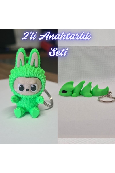 3DAtölyeMaker Green Labubu and Green Flexible Dragon Keychain