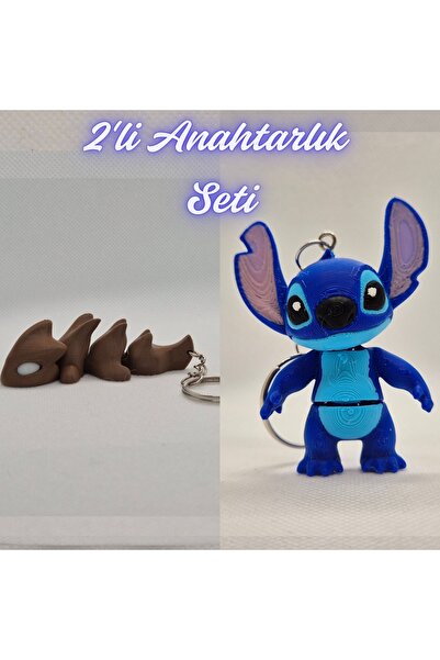 3DAtölyeMaker Dark Brown Flexible Dragon and Blue Flexible Stitch Keychain