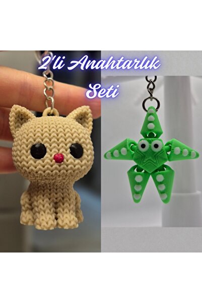 3DAtölyeMaker Cream Knitted Patterned Cat and Green Moving Starfish Keychain