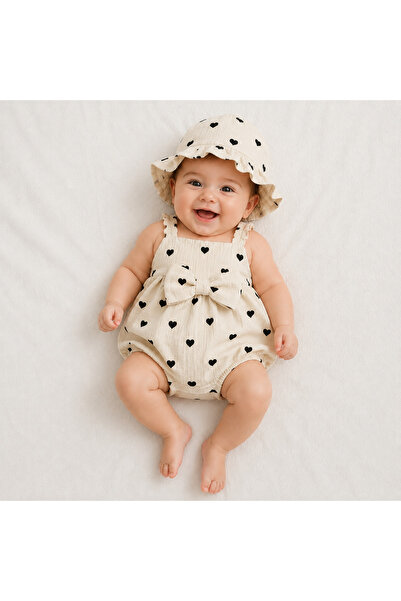 LİLİYUM Baby Girl Summer Jumpsuit Set with Heart Bow Detail and Hat