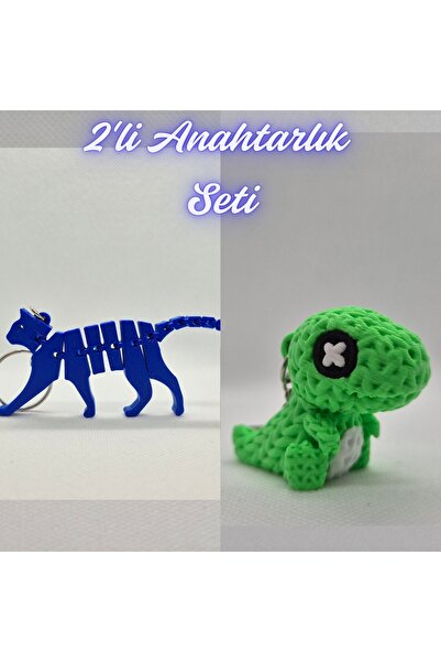 3DAtölyeMaker Blue Flexible Cat and Green Knitted Pattern Moving Dino Keychain