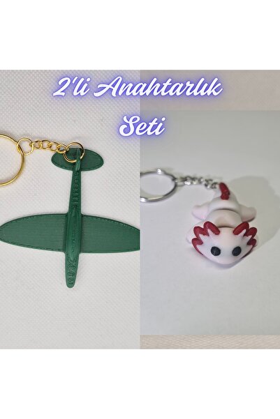 3DAtölyeMaker Dark Green Airplane and Light Pink Flexible Axolotl Keychain