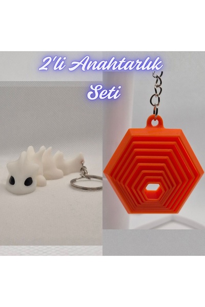 3DAtölyeMaker White Flexible Dragon and Orange Moving Hexagon Keychain