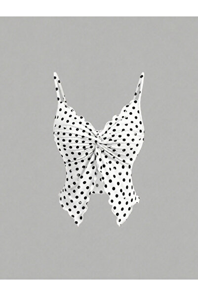 HIMMELDUF Front Twist Polka Dot Patterned Thin Strap Alaçatı Crop Top
