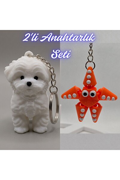 3DAtölyeMaker White Maltese Terrier and Orange Moving Starfish Keychain