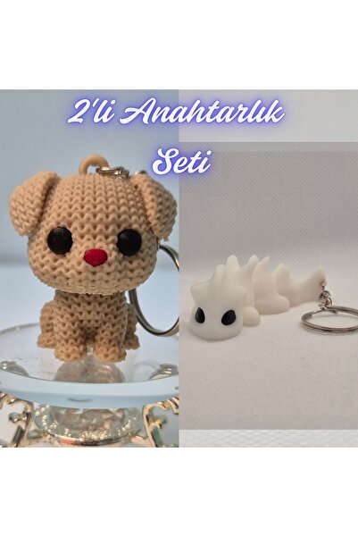3DAtölyeMaker Cream Knitted Patterned Dog and White Flexible Dragon Keychain