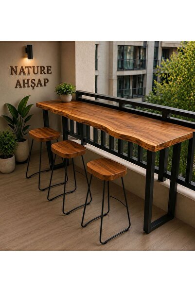 NATUREE AHŞAP Doğal Kenarlı Metal Ayaklı Bar Masası 40 x140 (tabureler hariç)