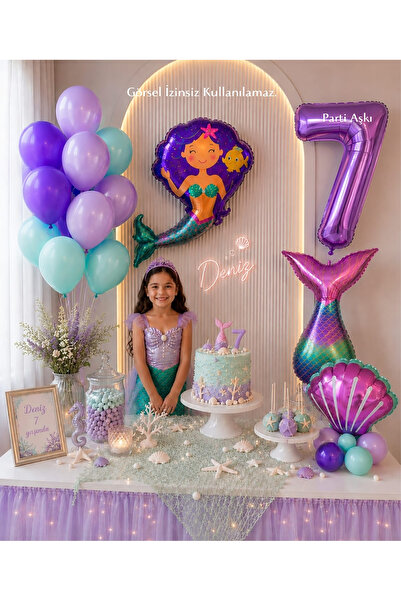 PARTİ AŞKI Pırıltılı Deniz Kızı 5'li Doğum Günü Balon Seti & Kız Çocuk Doğum ...