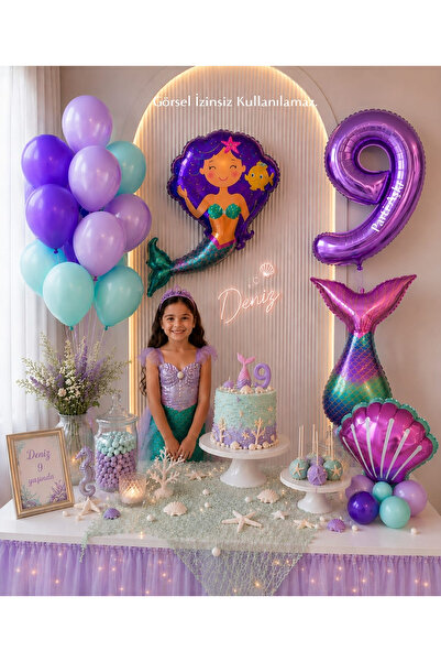 PARTİ AŞKI Pırıltılı Deniz Kızı 5'li Doğum Günü Balon Seti & Kız Çocuk Doğum ...