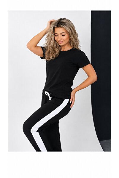 OK BLUME Women's White Striped Tracksuit Bottoms with 2-Thread Elastic Cuffs