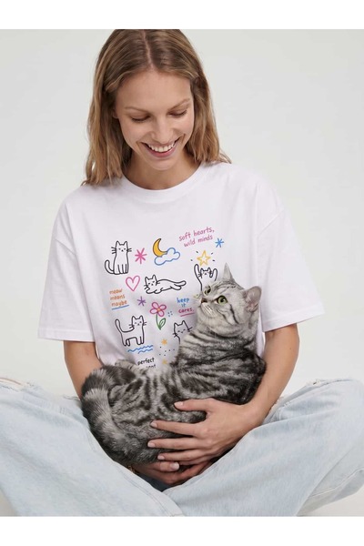 Coredra Γυναικείο T-Shirt Meow Boxed Fit - Λευκό - C590