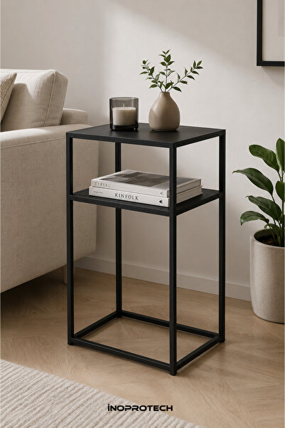 İnoprotech Modern Siyah Metal Yan Sehpa 2 Raflı Minimalist Salon ve Yatak Oda...