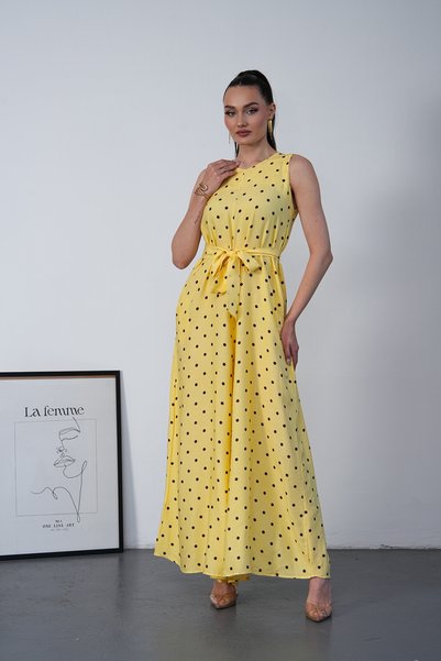 NAVY Zero Sleeve Waist Tie Detailed Polka Dot Jumpsuit