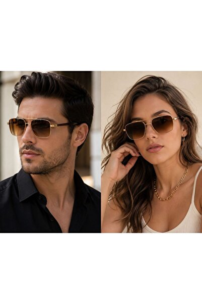 LİYA3D Gold Frame Square Unisex Sunglasses with Uv400 Protection Luxury Design