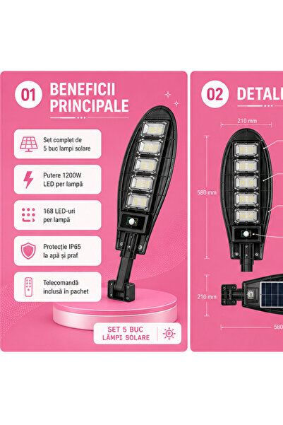OEM Set 5x lampa stradala 1200w, solar energy charging (ro-v05)