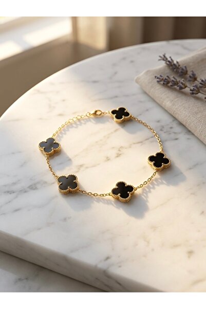 Meneva Aksesuar Black Enameled 5-Leaf Clover Gold Color Chain Stainless Steel...