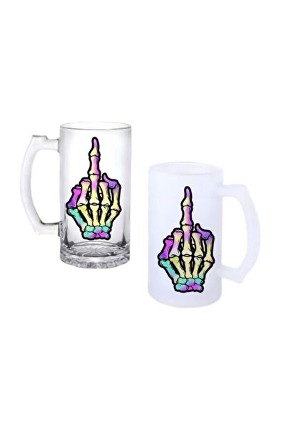 Ghostbastır Skeleton Middle Finger Handled Beer Glass with Frosted or Transpa...